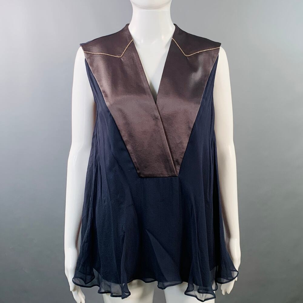 BRUNELLO CUCINELLI Navy Black Chiffon Two Tone Monili Beading V-Neck Blouse
